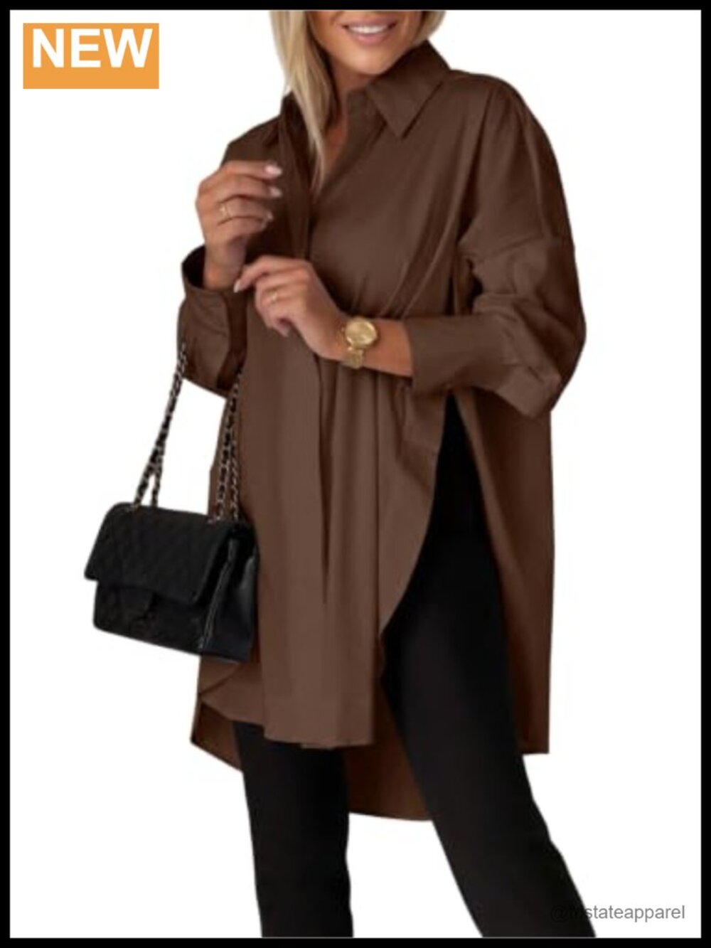 Oversized Long Sleeve Blouse with Side Slits - Button Down V-Neck